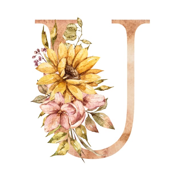 Watercolor sunflower bouquet monogram letter U by tiana geo