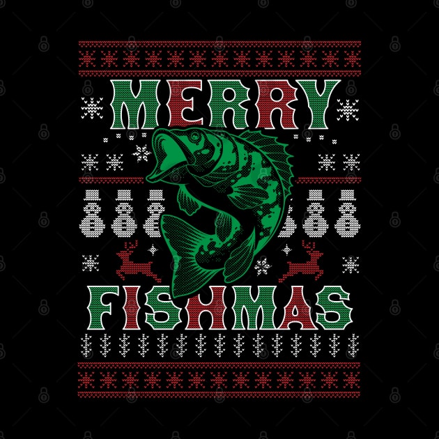 Merry Fishmas Funny Xmas Fishing - Ugly Christmas Sweater by OrangeMonkeyArt