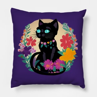 black cat floral design Pillow