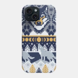 Fair isle knitting grey wolf // pattern // navy blue and grey wolves yellow moons and pine trees Phone Case