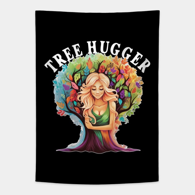 Tree Hugger Woman Hugging Tree Rainbow Colors Nature Lover Tapestry by Funny Stuff Club