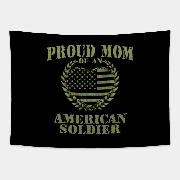 PROUD MOM OF AN AMERICAN SOLDIER Camo Heart USA Flag Design Tapestry by ejsulu