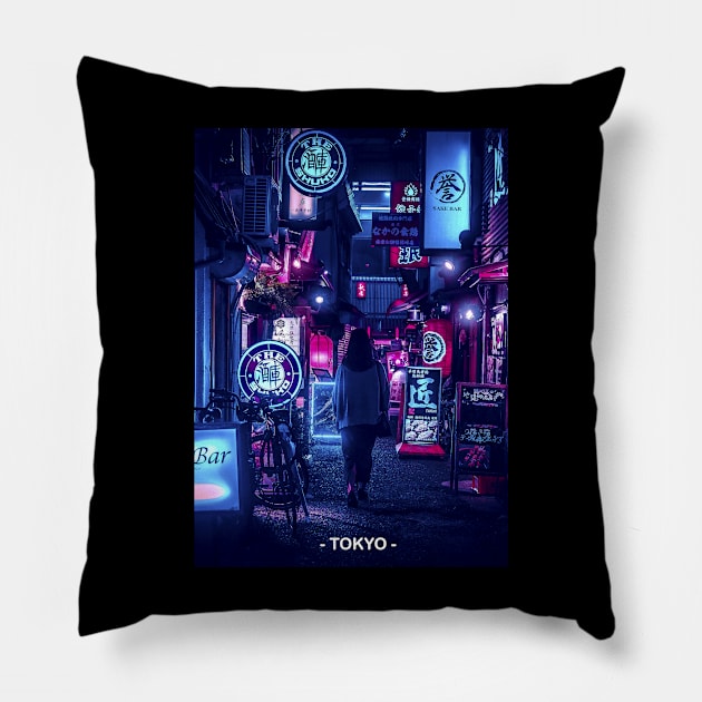 Tokyo Street Neon Synthwave Pillow by JeffDesign