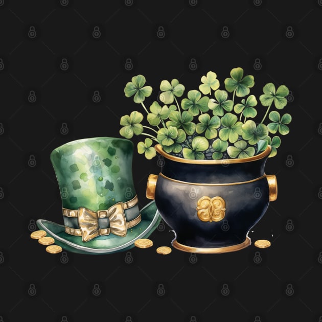 Leprechaun Hat and A Pot of Gold Coins and Clover by mw1designsart