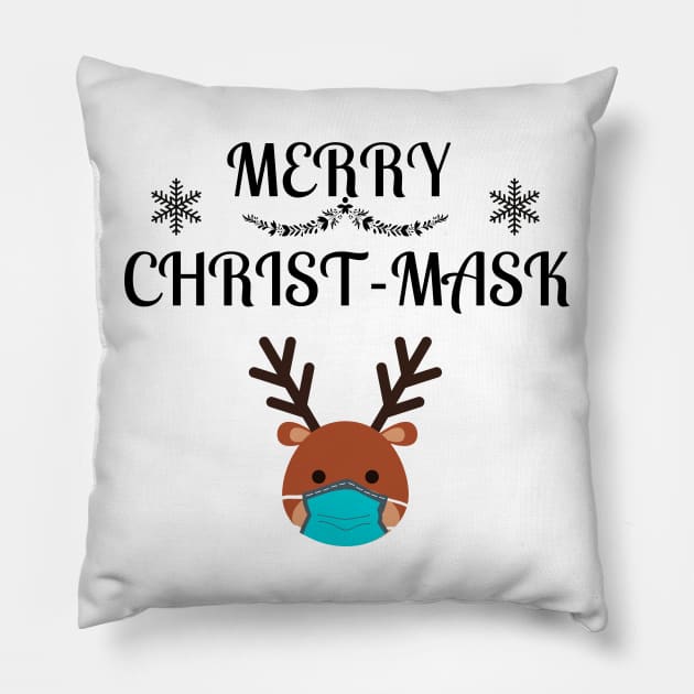 Merry Christmask Quarantine Reindeer Pillow by NickDsigns