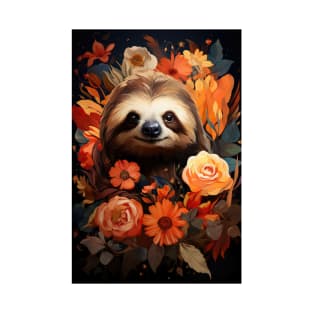 Orange Flowers and Sloth T-Shirt