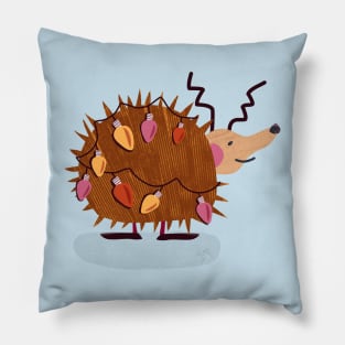 Cute winter hedgehog with christmas lights - red, yellow, pink, brown, blue Pillow