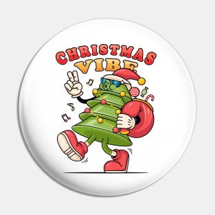 Christmas vibe. Christmas tree cartoon mascot carries a bag of gifts Pin