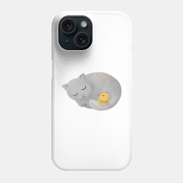 Cat sleeping with small bird - kids illustration Phone Case by Sgrel-art
