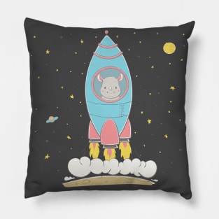 Lovely cute rhino rises in the rocket in the space Pillow