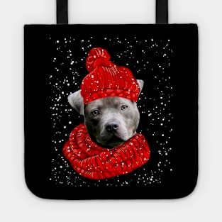 Pitbull Wearing Red Hat And Scarf In Snow Christmas Tote