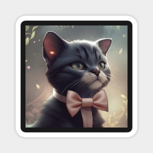 Elegant Grey and White Cat With an Pink Bow Tie | White and grey cat with green eyes | Digital art Sticker Magnet