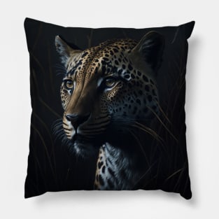 African Leopard peering through the grass Pillow