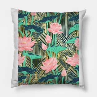 Art Deco Lotus Flowers in Peach & Emerald Pillow