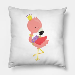 Princess Flamingo, Cute Flamingo, Crown, Flowers Pillow