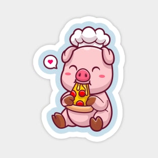 Cute Chef Pig Eating Pizza Cartoon Magnet