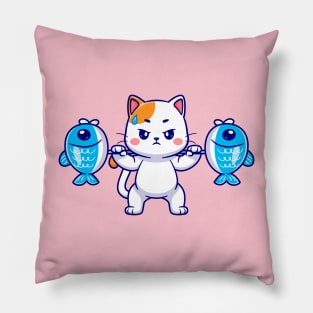 Cute Cat Lifting Fish Barbell Cartoon Pillow