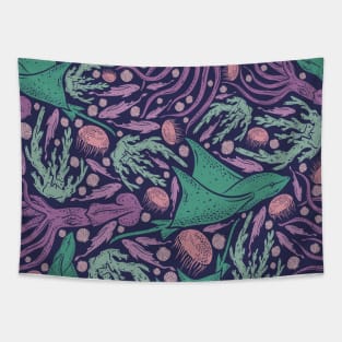 Purple and Green Sea Life Design Tapestry