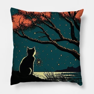 Black Cat Sitting by a Lake on a Starry Night Pillow