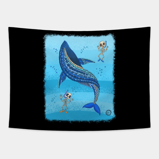 Colorful Blue Whale Skeleton - Dia De Los Muertos - Snorkeling Skeleton Tapestry by Scriptnbones