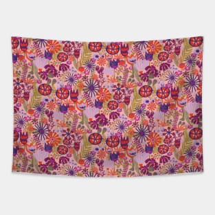 Doodle flowers. Tulips, dianthus, and lily flowers on a light pink background Tapestry