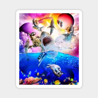 Rainbow Galaxy Cat Riding Shark In Space Magnet