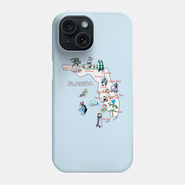 tourism map of Florida state, USA, major cities, attractions, flag Phone Case by Mashmosh