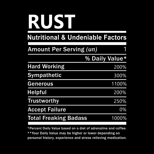 Rust Name T Shirt - Rust Nutritional and Undeniable Name Factors Gift Item Tee by nikitak4um