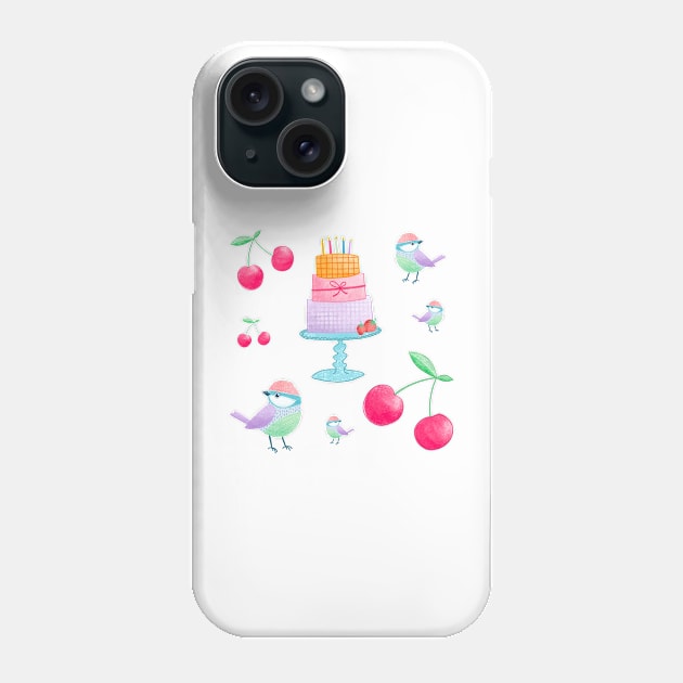 Cherry, birds and birthday cake Phone Case by ColorsHappiness