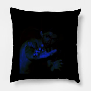 Portrait, digital collage and special processing. Shirtless man looking on to camera and reaching his hand. Blue, very dim. Pillow