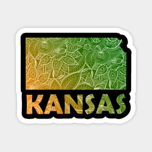 Colorful mandala art map of Kansas with text in green and orange Magnet