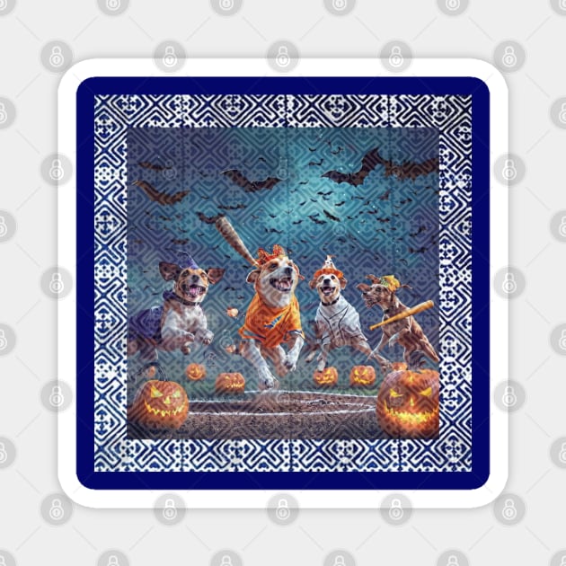 Tribal Home Run under Spooky Skies – Dogs’ Halloween Baseball Glow Magnet by Pimcolle