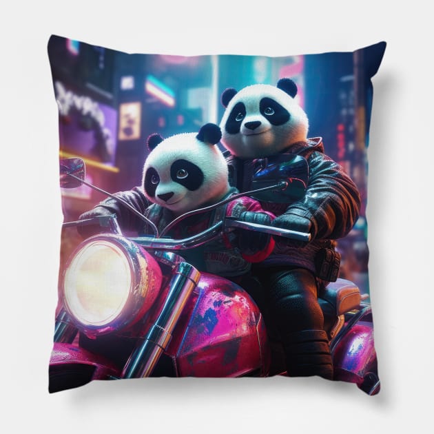 Panda Riders: A Futuristic Journey Through the Synthewave City Pillow by MerlinArt