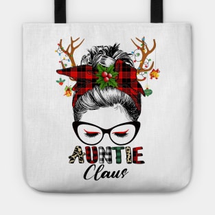 Auntie Claus Reindeer Messy Bun Wink Eye Christmas Family Matching Tote