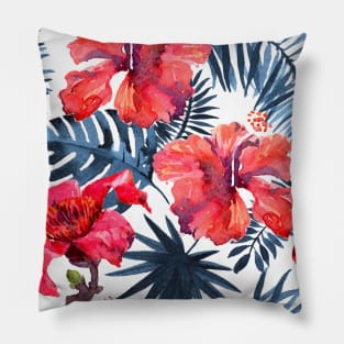 Watercolor tropical leaves and plants. Hand painted jungle greenery background Pillow