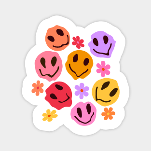 Trippy Melting Smiling Faces with Flowers Magnet