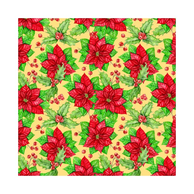 Poinsettia and holly berry watercolor Christmas pattern by katerinamk