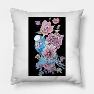 Budgie Watercolor Blue and Roses Painting on Black Pillow