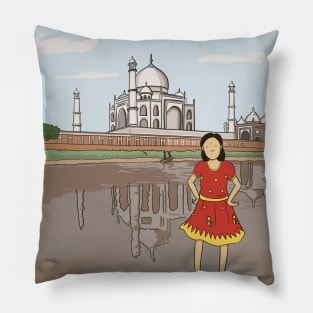 The Taj Mahal in India: girl standing in Yamuna river Pillow