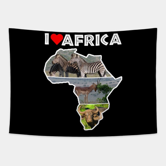 I Love Africa Wildlife Collage Map Tapestry by PathblazerStudios