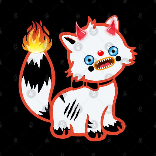 Demonic cat with a flaming tail and horns on its head by LordKaoz