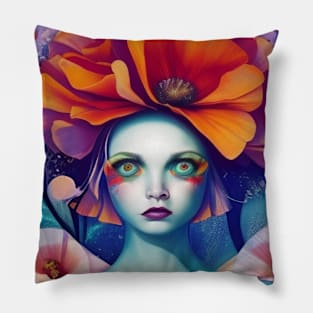 Pop surrealism painting of a pretty girl with poppy and rose girl Pillow