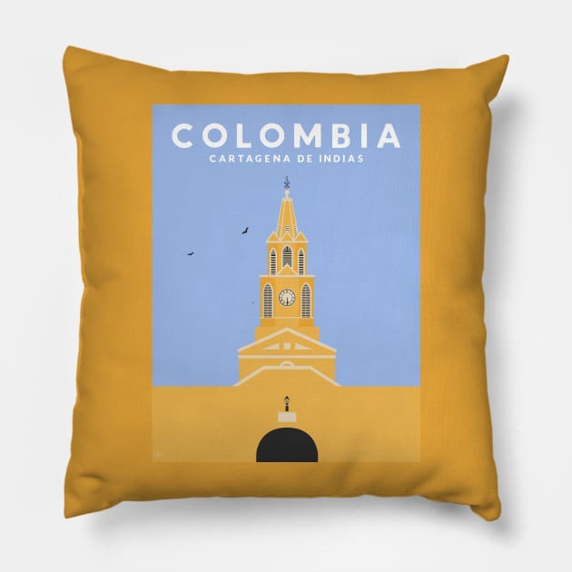 Cartagena, Colombia Clock Tower Travel Poster Pillow by lymancreativeco