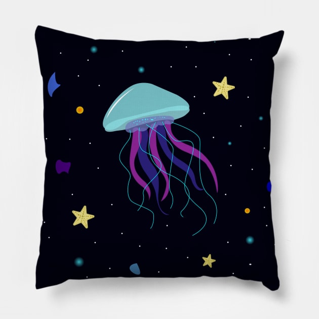 Light blue Jelly Fish in dark ocean artwork, deep ocean creatures , star fish , sparky ocean jelly fish , sea rocks Pillow by WorldOfMine