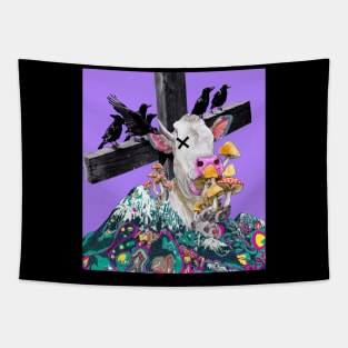 90's style cow and crow eating mushrooms Tapestry