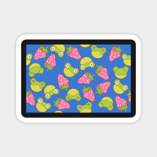 Frogs and Strawberries on Bright Dark Blue Magnet