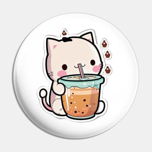 Cute Cat Drinking Bubble Tea Cartoon Boba Drawing Pin