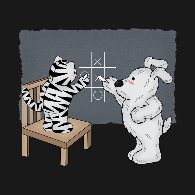 Cat and dog playing tic tac toe by Athikan