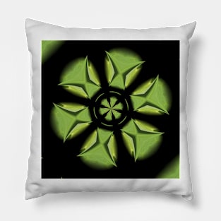 intricate hexagonal geometric shape in emerald green on a plain black background Pillow