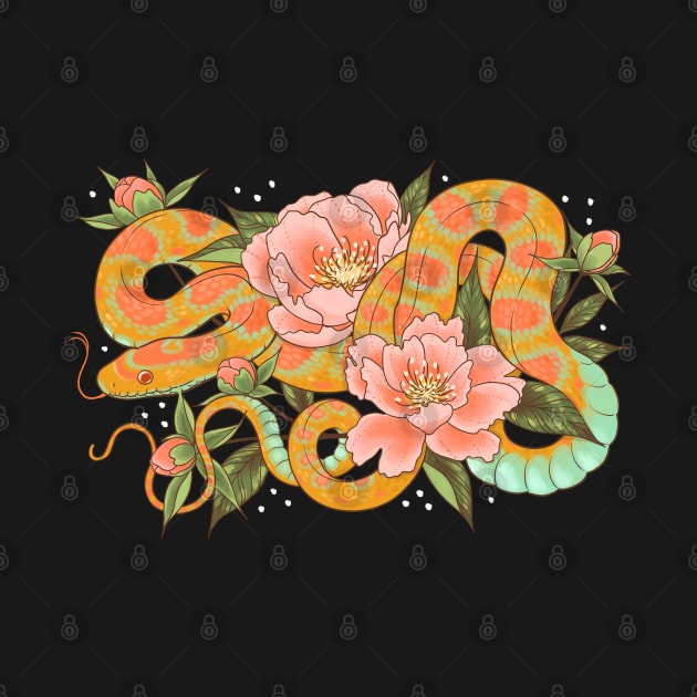 Corn Snake and Peonies by starrypaige